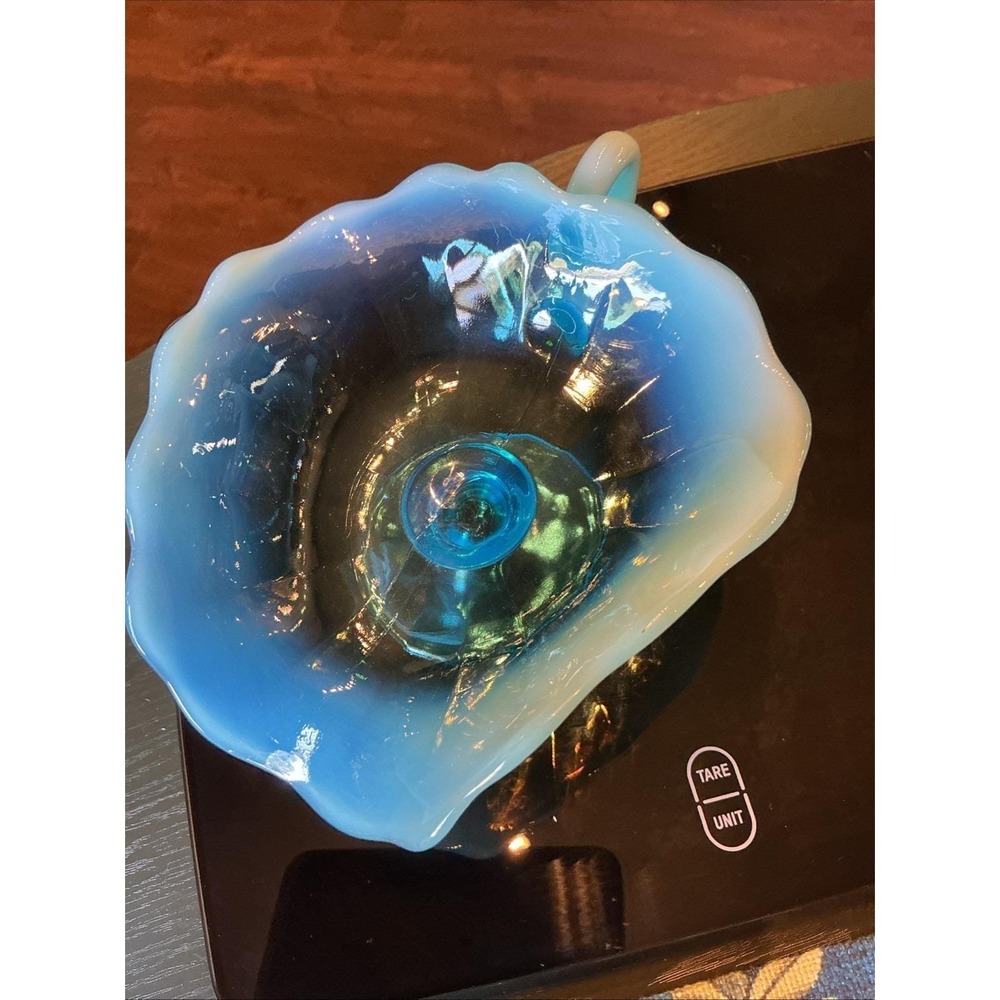 Antique 7" Dugan Glass Blue Opalescent Rayed Jane Footed Nappy Dish